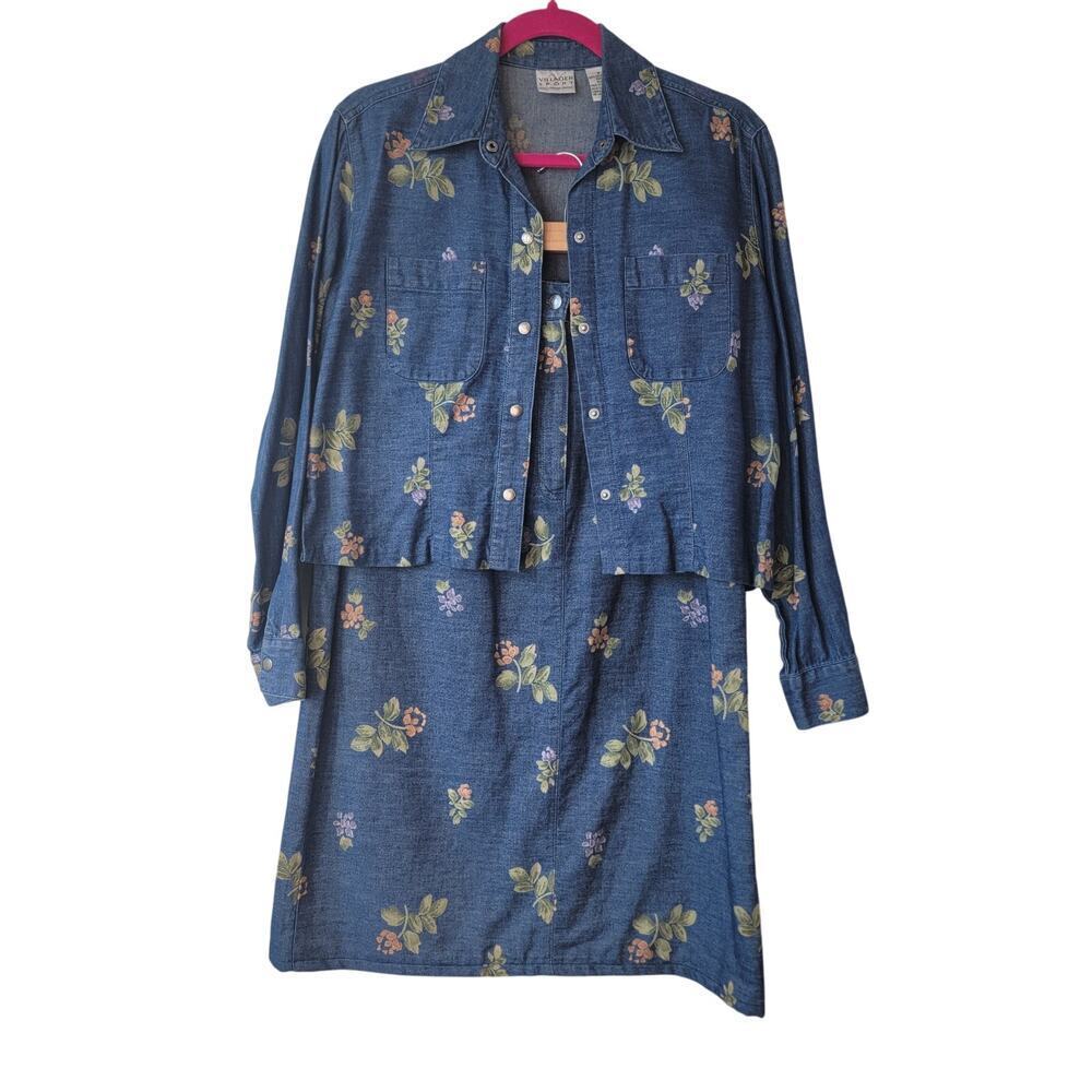 Villager Sport by Liz Claiborne Floral Denim Matching Set Blue Cream Size M
